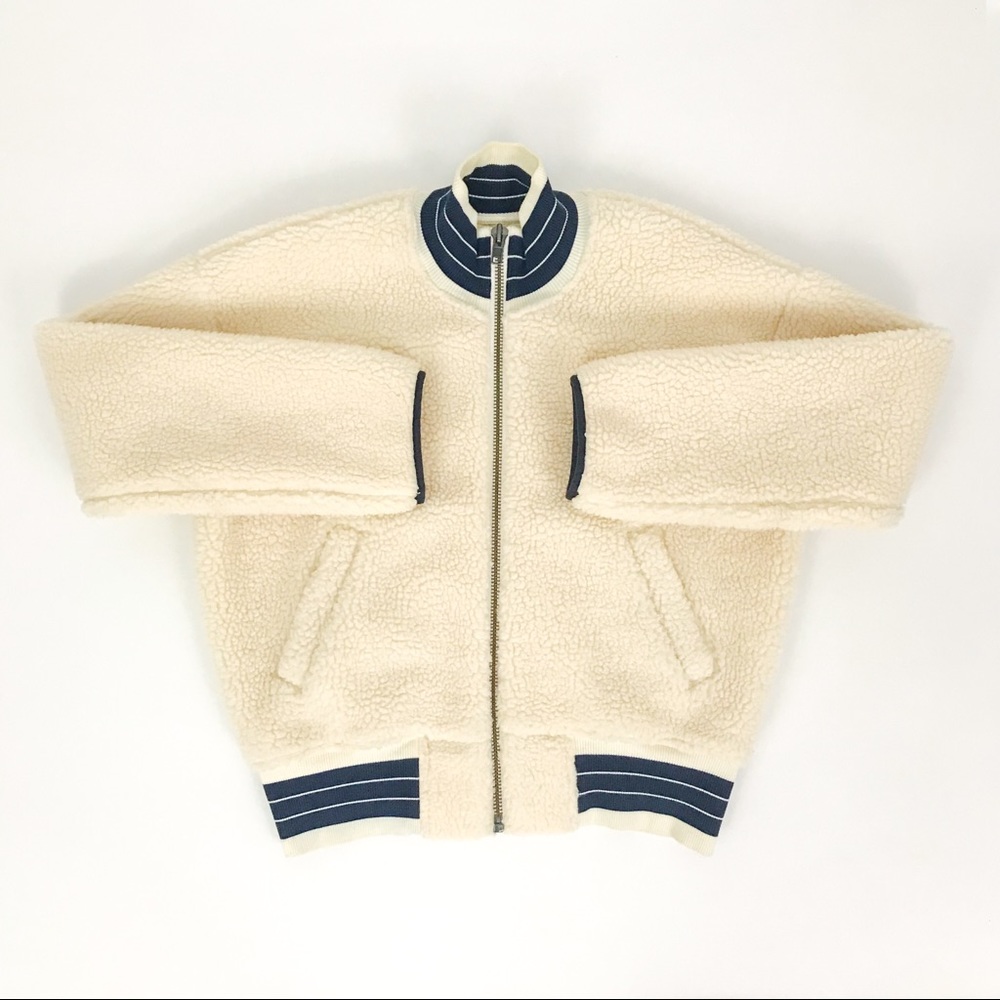 Madewell Sherpa Varsity Bomber Jacket in Ivory | Size XS - Picture 6 of 9